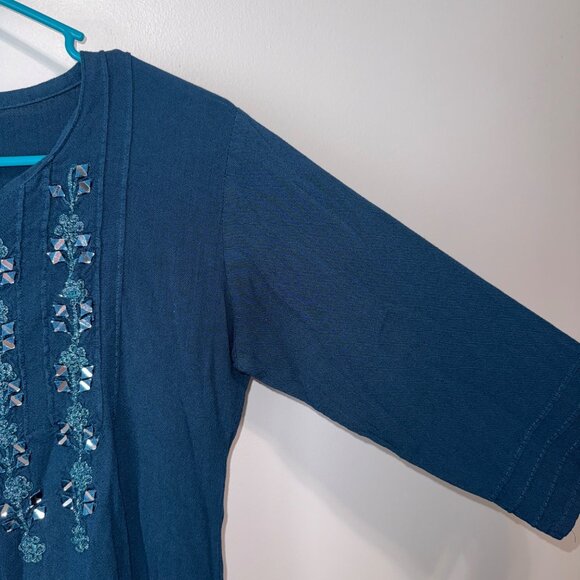Blue Embroidered 3/4 Sleeve Tunic Top Large - Picture 2 of 5